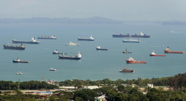 Container ships and bulk carriers waiting for cargo are seen in the shipping lanes off the coast of Singapore April 18, 2009. REUTERS/Vivek Prakash