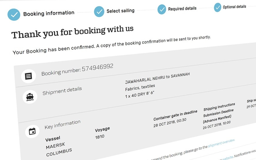 A.P. Moller Maersk first container shipping company to launch instant booking confirmation